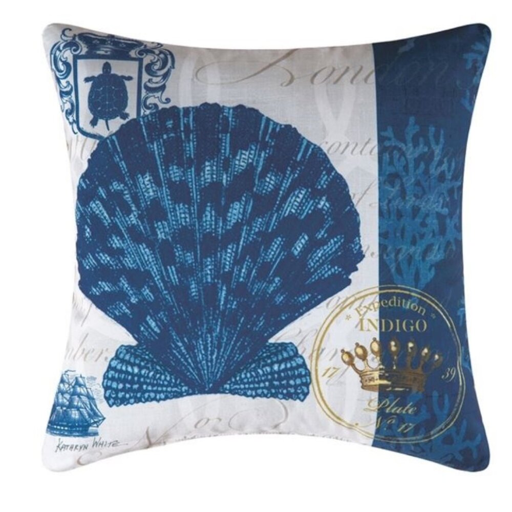 Indigo Blue Scallop Shell Indoor / Outdoor 18 x 18 Pillow by Kathryn White